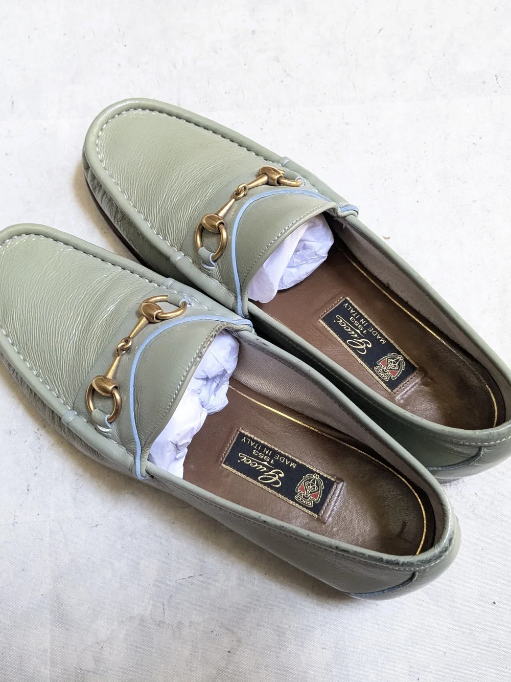 Gucci Men's Light Green Patent Leather Horsebit Loafers US 9